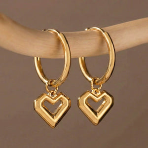 Gold Open Heart Drop Huggie Hoop Earrings Stainless Steel