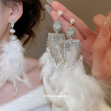 White Feather Drop Earrings with Crystal and Chain Fringe