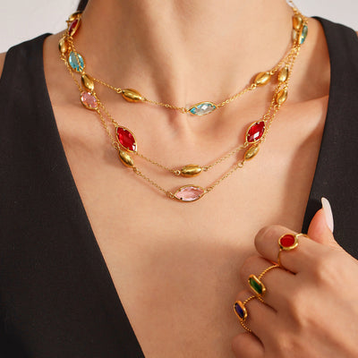 Model layered gold marquise glass station necklaces multicolor stones