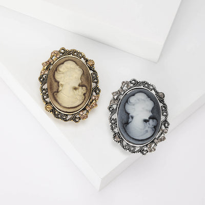 Oval Cameo Portrait Brooch shown alone on a light background