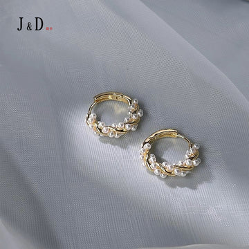 Gold Tone Huggie Hoop Earrings With White Pearl Cluster Wrap