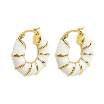 Gold Tone White Enamel Bamboo Hoop Earrings