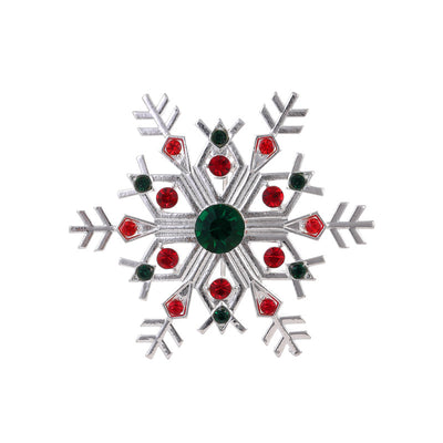 Front product view of the snowflake brooch pin in silver and red