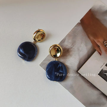 Gold Tone Round Top Dark Blue Sculpted Drop Stud Earrings