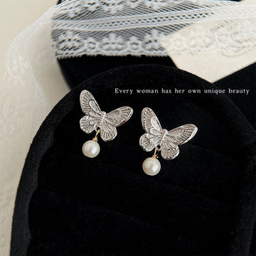 Silver-Tone Textured Butterfly Stud Earrings Pearl Dangles