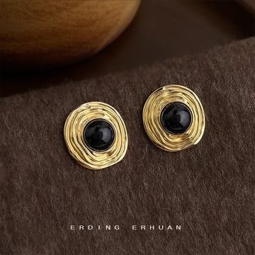 Gold Tone Concentric Textured Black Round Stone Stud Earrings