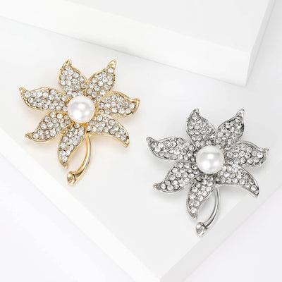 Front view of a six-petal crystal flower centered by a white pearl