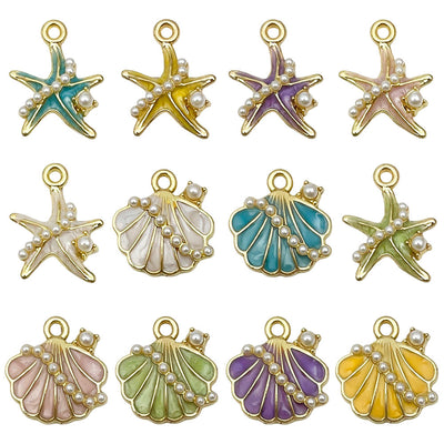 Colorful starfish and shell charms arranged on a light background