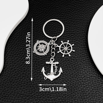 Antique Silver Anchor Ship Wheel and Compass Nautical Charm Keychain