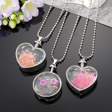 Silver Tone Pressed Flower Heart and Round Pendant Necklaces