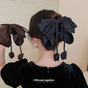 Black Oversized Satin Bow Hair Claw With Bud Shaped Ties