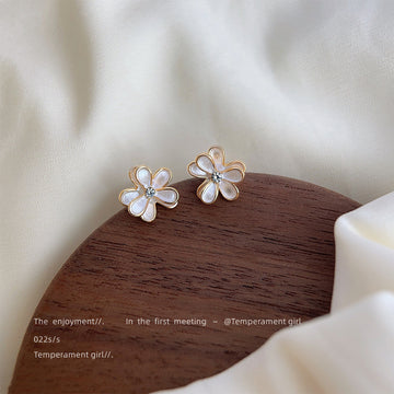 Gold Five-Petal White Enamel Flower Crystal Center Studs