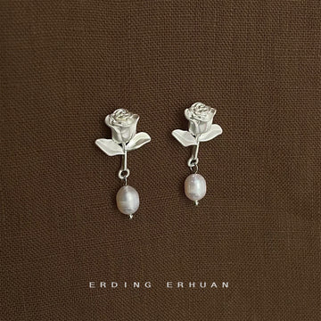 Matte Silver Rose Flower Stud Earrings White Pearl Drop