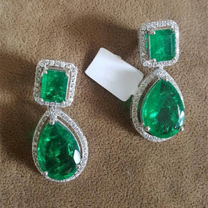 Green Emerald Cut and Pear Halo Crystal Drop Earrings