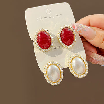 Gold Tone Oval Red Cabochon Stud Earrings Pearl Halo Frame