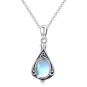 Silver Tone Celtic Knot Teardrop Moonstone Pendant Necklace