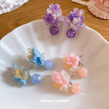 Layered Floral Drop Earrings in Pink Purple and Blue