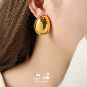 Polished Oval Dome Stud Earrings Gold Steel Finish