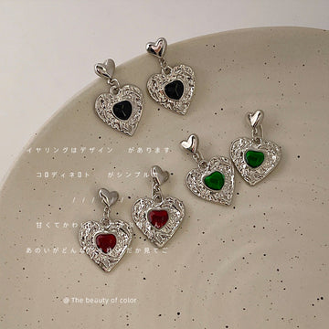 Silver-Tone Hammered Heart Drop Earrings Colored Centers