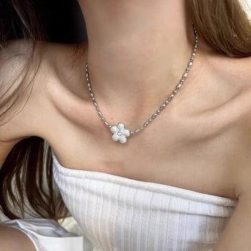 Silver Rice Bead White Enamel Flower Pendant Necklace