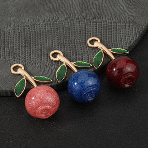 Glitter Resin Cherry Charm with Gold Tone Stem and Green Enamel Leaves