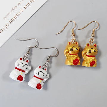 White and Gold Lucky Cat Drop Earrings with Fishhook Ear Wires