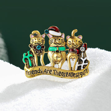 Festive Cat Group Enamel Metal Brooch in Silver and Gold