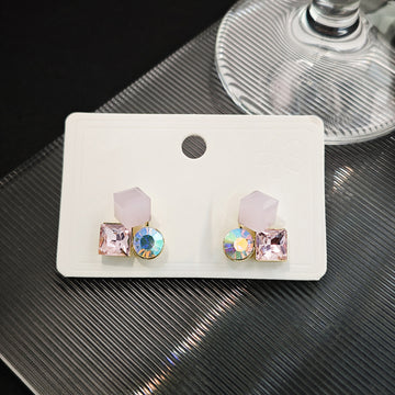 Pink Square and Iridescent Round Geometric Stud Earrings