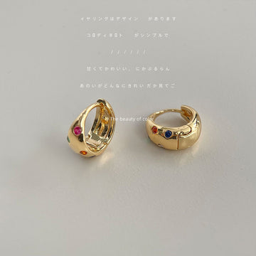 Gold Thick Huggie Hoop Earrings Multi Color Gem Accents