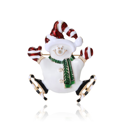 Front view of whimsical striped snowman enamel brooch with moving legs