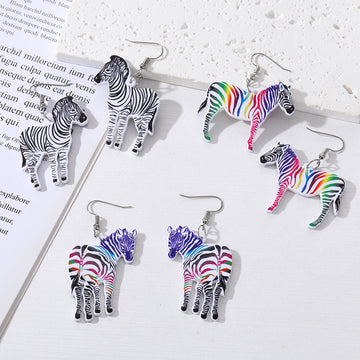 Silver Tone Colorful Zebra Acrylic Hook Earrings in Three Designs