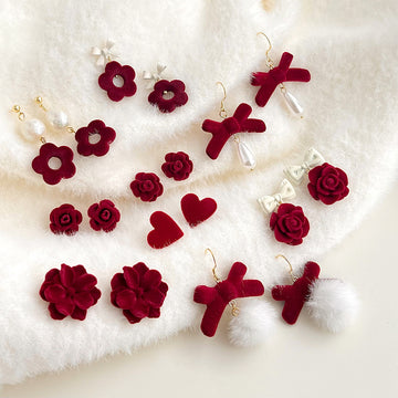Red Velvet Flower Heart Bow Pom Earring Styles Set