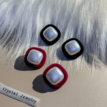 Red Velvet Frame Square Pearl Stud Earrings Plush Border