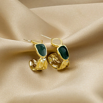 Gold Textured Green Stone Irregular Half Hoop Earrings