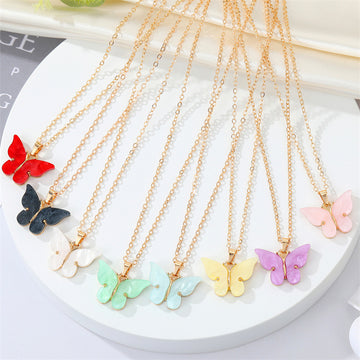 Gold Tone Acrylic Butterfly Pendant Necklaces in Eight Colors