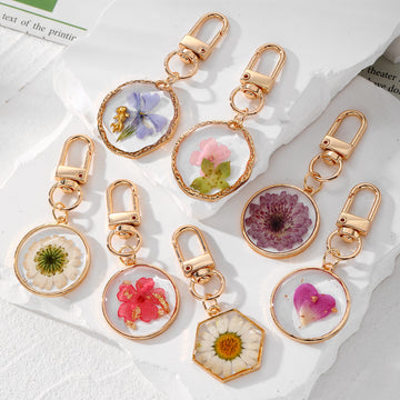 Gold Tone Geometric Pressed Flower Resin Clip Keychains