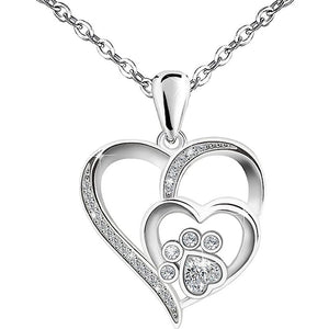 Silver Tone Double Heart Paw Pendant Necklace Clear Stones