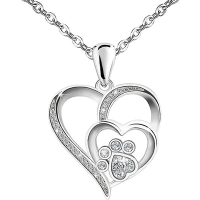 Front product shot of silver double heart paw pendant on chain