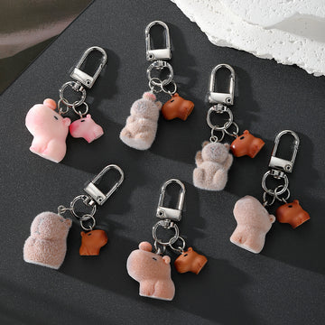Flocked Capybara Keychain with Mini Companion 6 Styles