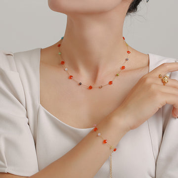 Colorful Natural Stone Clover Station Necklace Bracelet Set