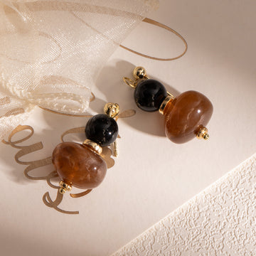 Black and Amber Brown Double Bead Dangle Stud Earrings