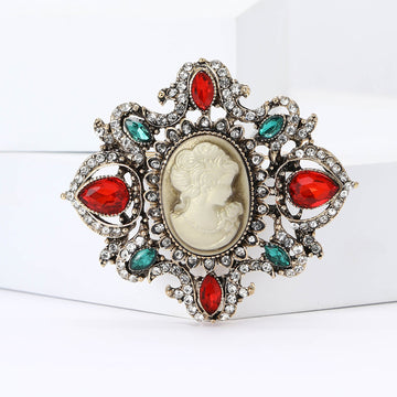Cameo Woman Profile Brooch With Red Green and Clear Crystals