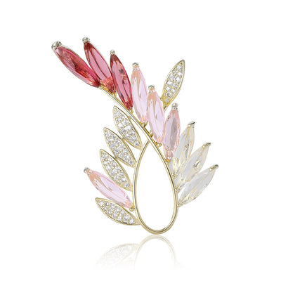 Pink marquise crystal olive branch brooch gold tone front view