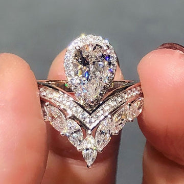 Pear-Shaped Halo And Marquise Two-Ring Set In Silver Tone