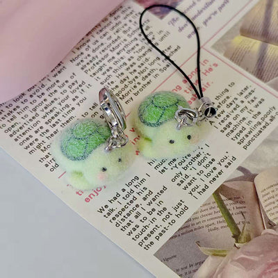 Main product view of flocked Green Turtle Phone Strap and Lobster-Clasp Charms