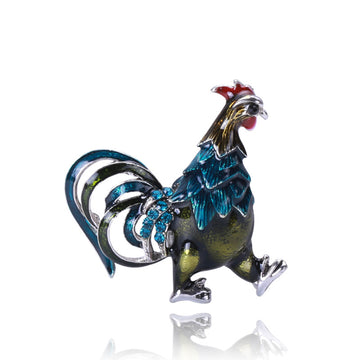 Walking Rooster Enamel Brooch in Red Black or Blue Green