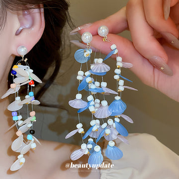Shell Sequin and Bead Cascade Earrings Statement Jewelry Design