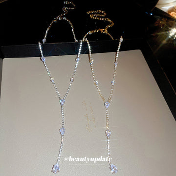 Y Teardrop Rhinestone Lariat Necklace Gold Silver Two