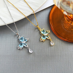 Blue Crystal Butterfly Drop Necklace in Silver Tone or Gold Tone
