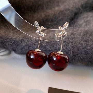 Dark Red Cherry Drop Earrings with Silver Tone Bows